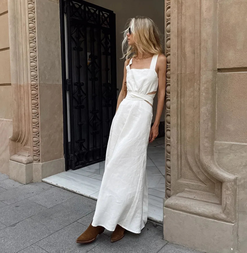 Summer White Elegant Midi Dress Women Chic Sleeveless Waist Hollow Out Long Dresses Streetwear Fashion Lace up Vestidos