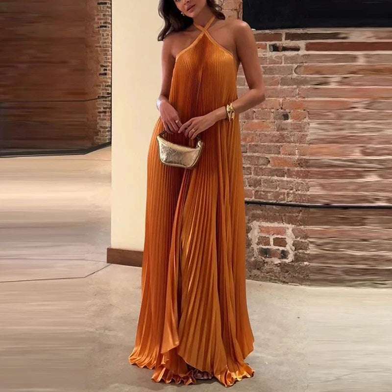 Rib Pleated Laceup Maxi Dress