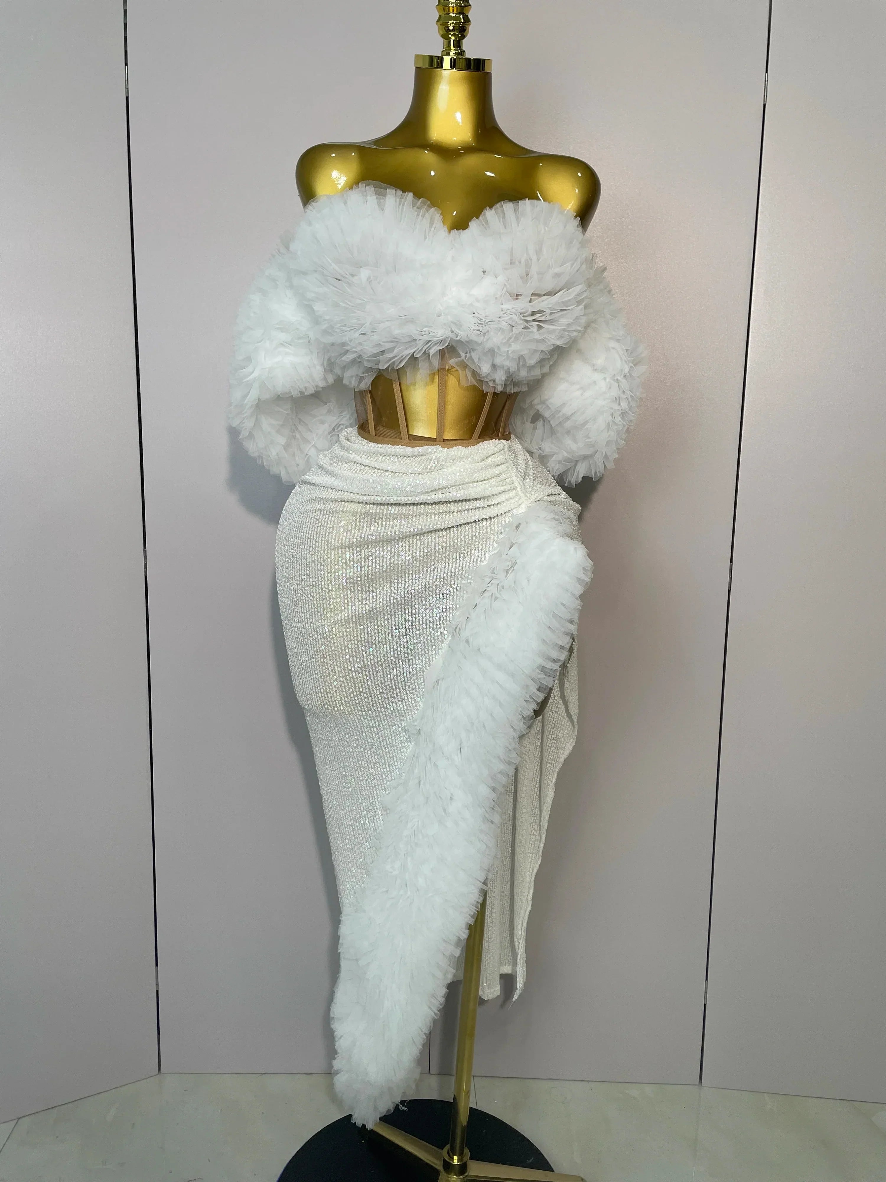 Shiny Sequins Top Short Skirt Two Pieces Set Women Sexy Celebrate Evening Prom Birthday Party Dress Nightclub Stage Outfit WHITE