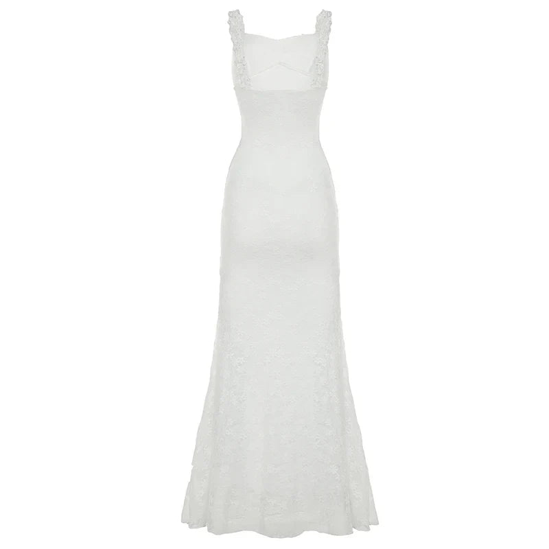 Boho Chic Women Floor Length Fishtail Dress White Lace Elegant Sexy Sleeveless Bodycon Maxi Dress Summer Clubwear