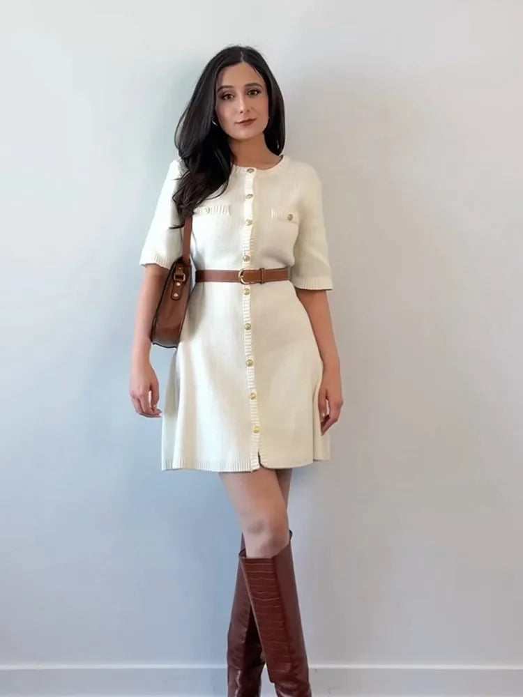 Knitted Dress for Women Streetwear Vintage Fashion Dresses Solid Slim Button Short Sleeve Mini Spring Summer Dress