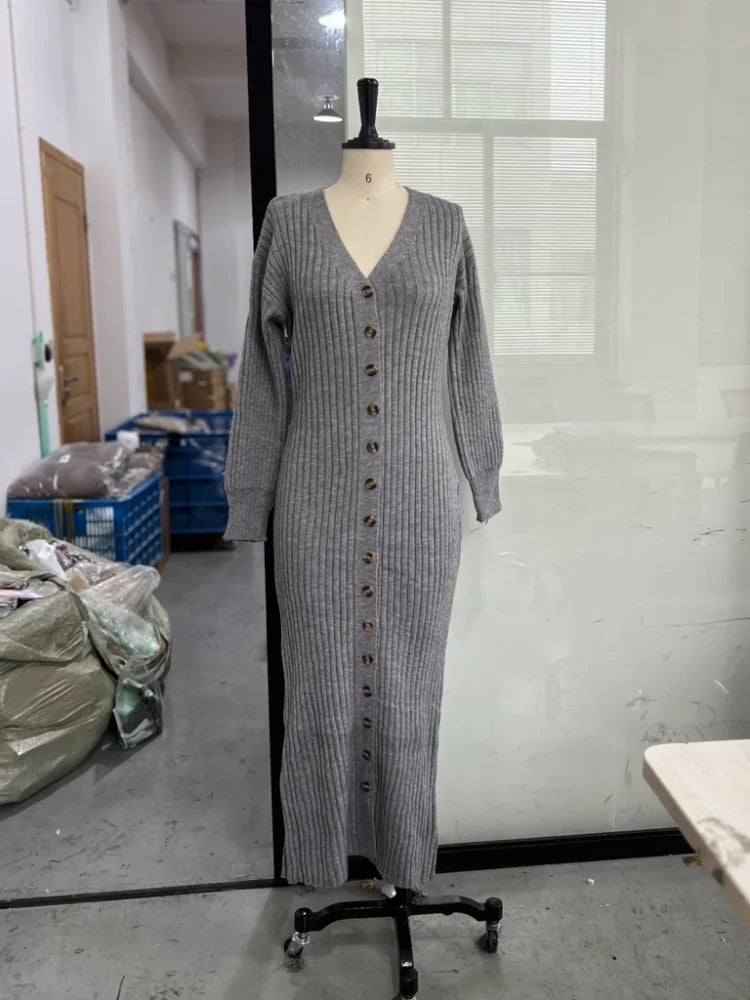 Elegant Modest Knitted Long Dress Loose Buttons Sweater Cardigans 2025 Fall Commuter Lady Fashionable Trendy Casual Woman Wear