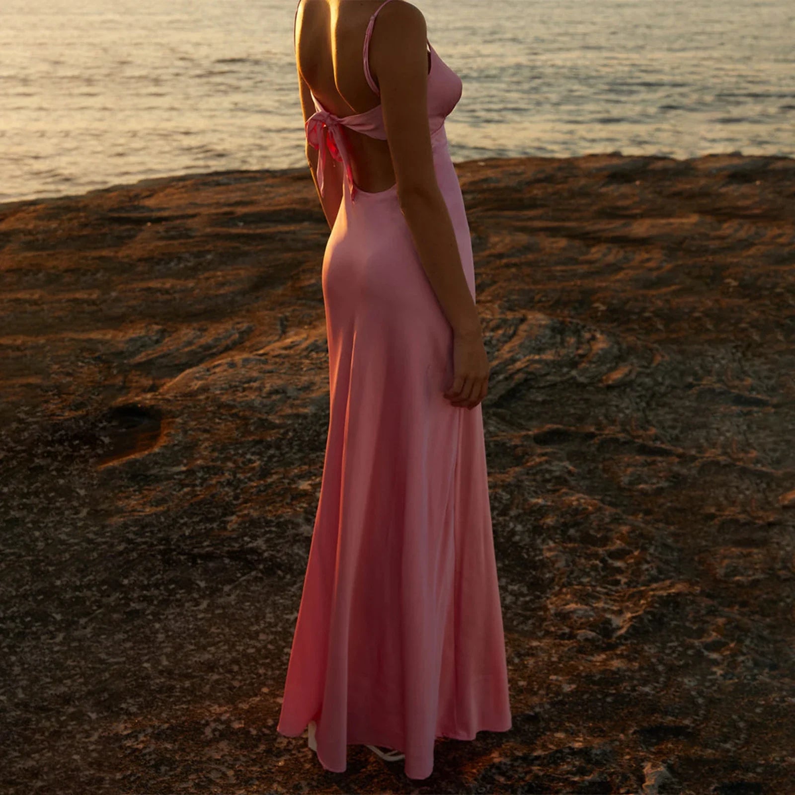 Cutout TieUp Silky Cami Maxi Dress