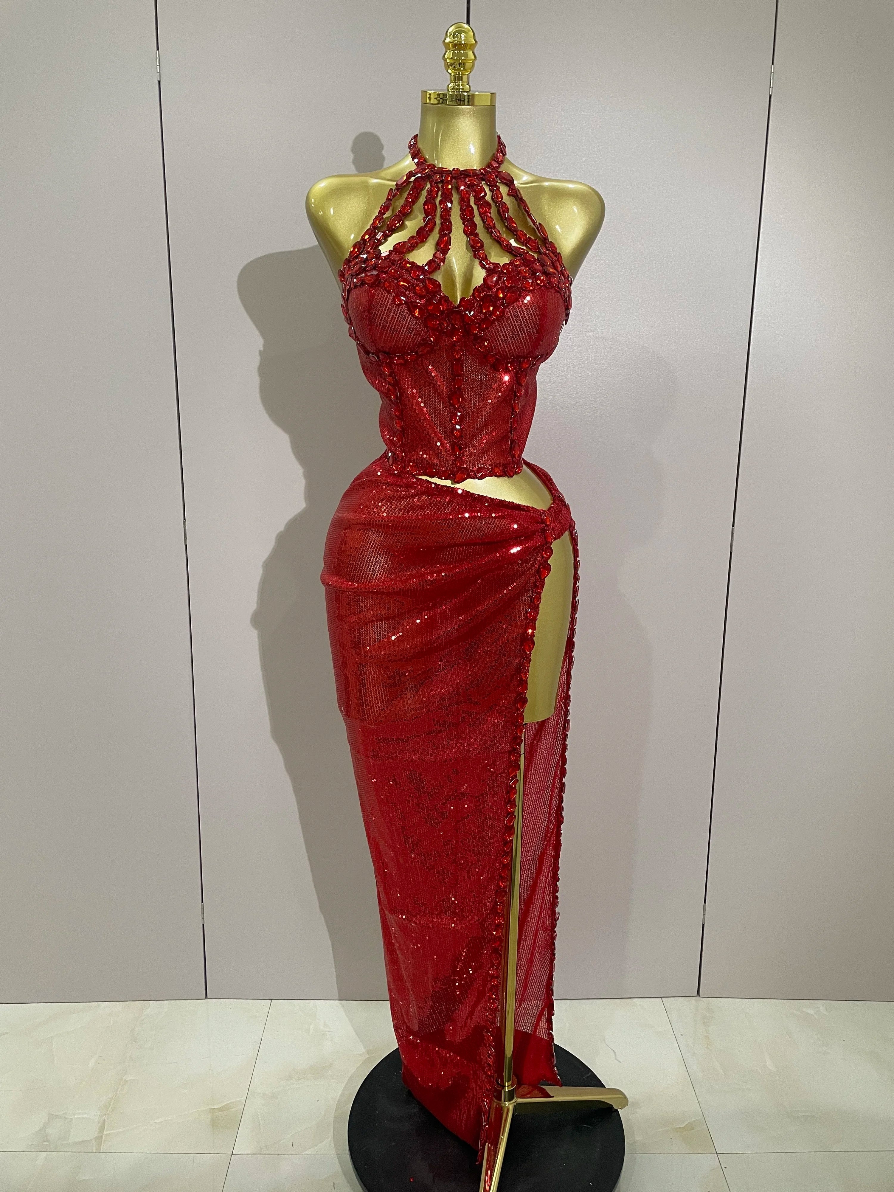 Sexy Luxury Shiny Diamond Sequins Cocktail Dress 2Pcs Set Women Evening Celebrate Birthday Party Nightclub Stage costume Red