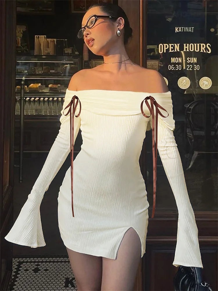 Backless Lace Up Slim MIni Dress Women's Elegant Ribbed Long Sleeve Off Shoulder Summer 2024 Dress Female Party Dress