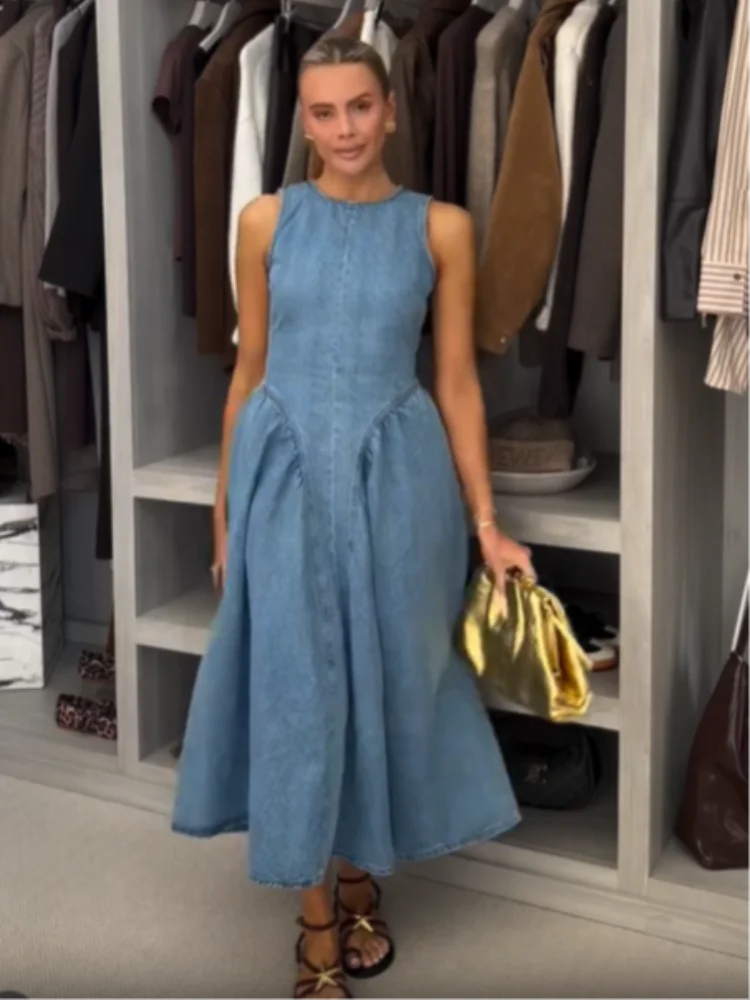 Denim Slim ONeck Sleeveless High Waist Pleated Work Dress