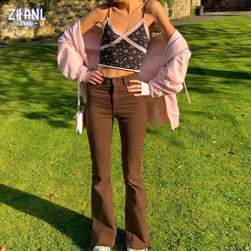 Y2k New Women Brown Jeans High Waist Wide Leg Pants Trousers Comfort Casual Denim Mom Pants