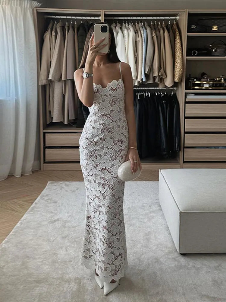 Sexy Solid Lace Hollow Out Women Sling Dress Elegant Backless Bandage Bodycon Maxi Dress Summer Lady Party Evening Robes 2024