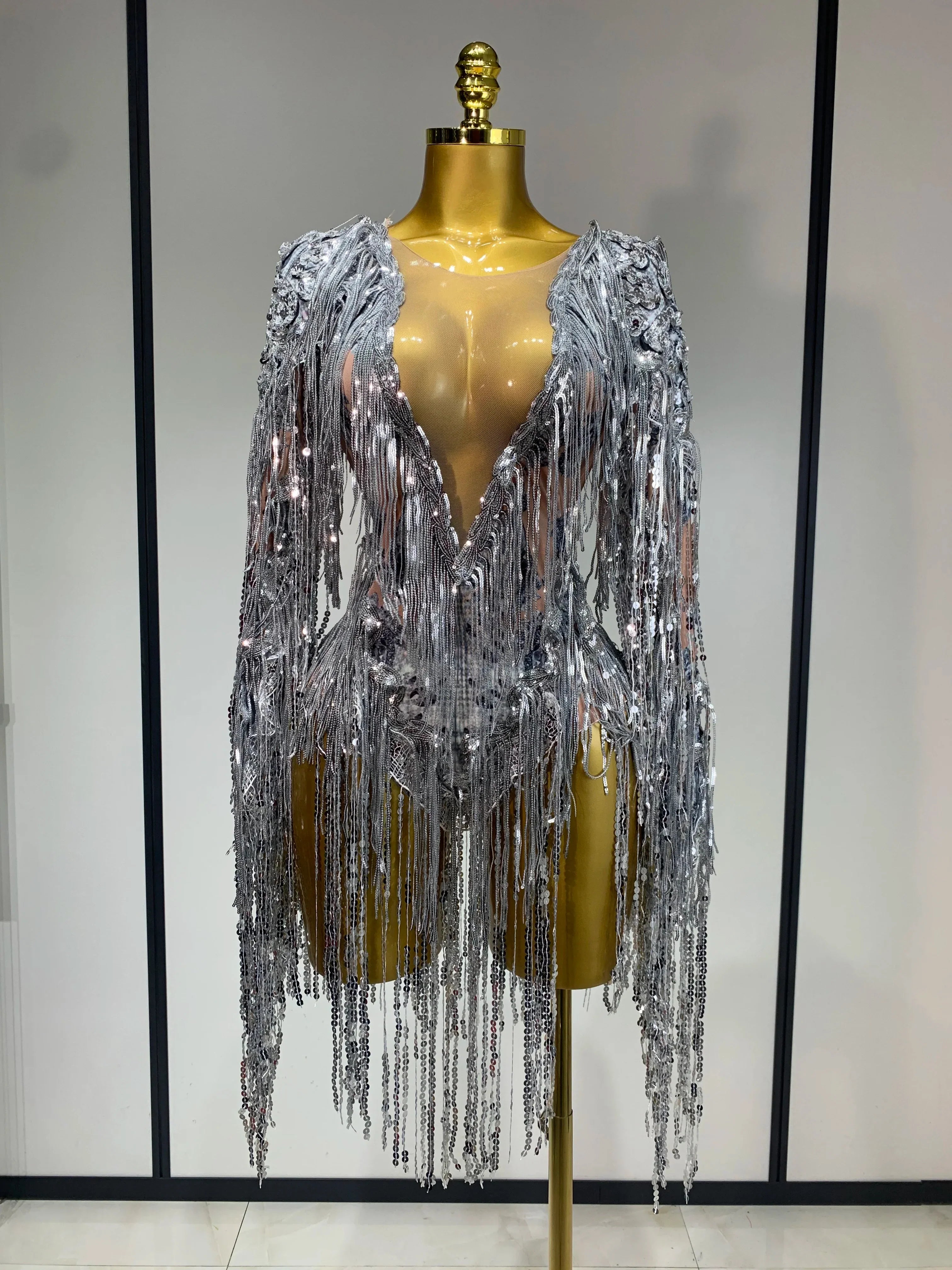 Sparkly Sequin Tassels Long Sleeve Silver Bodysuit Bar Women Singer Show Costume Celebrate Outfit Evening Dance Stage Outfit Silver