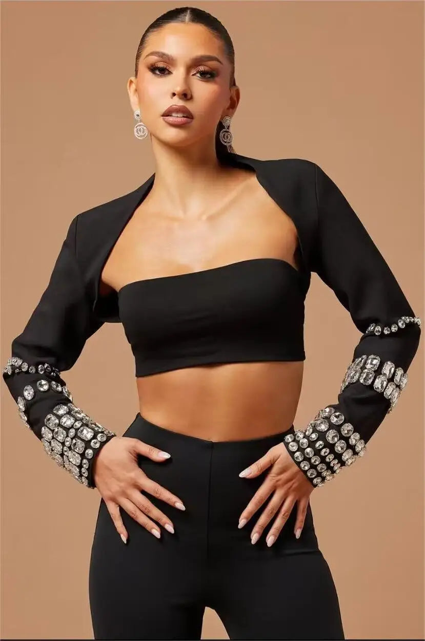 Stylish Sexy Woman Bandage Set Sparkling Diamonds Sleeve Wraps Short Strapless And Bodycon Pants 3 Pieces Evening Party Vestido