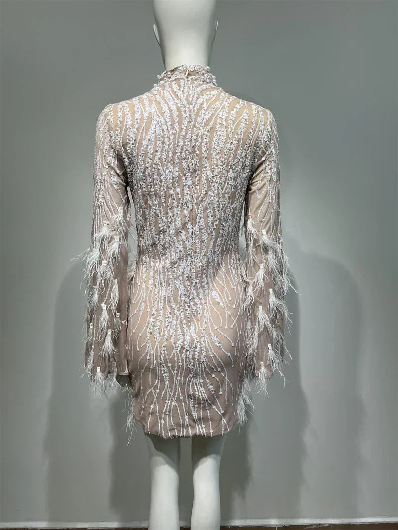 Luxury Exquisite Beading Sequins Feathers Sleeve White Mini Evening Dress Woman Birthday Party Dress Performances Costume