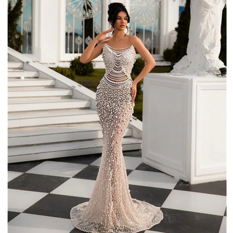 Luxury Pearl String Sexy See Through White Sequins Long Dress Elegant Woman Wedding Party Dress Red Carpet Goddess Vestido Beige