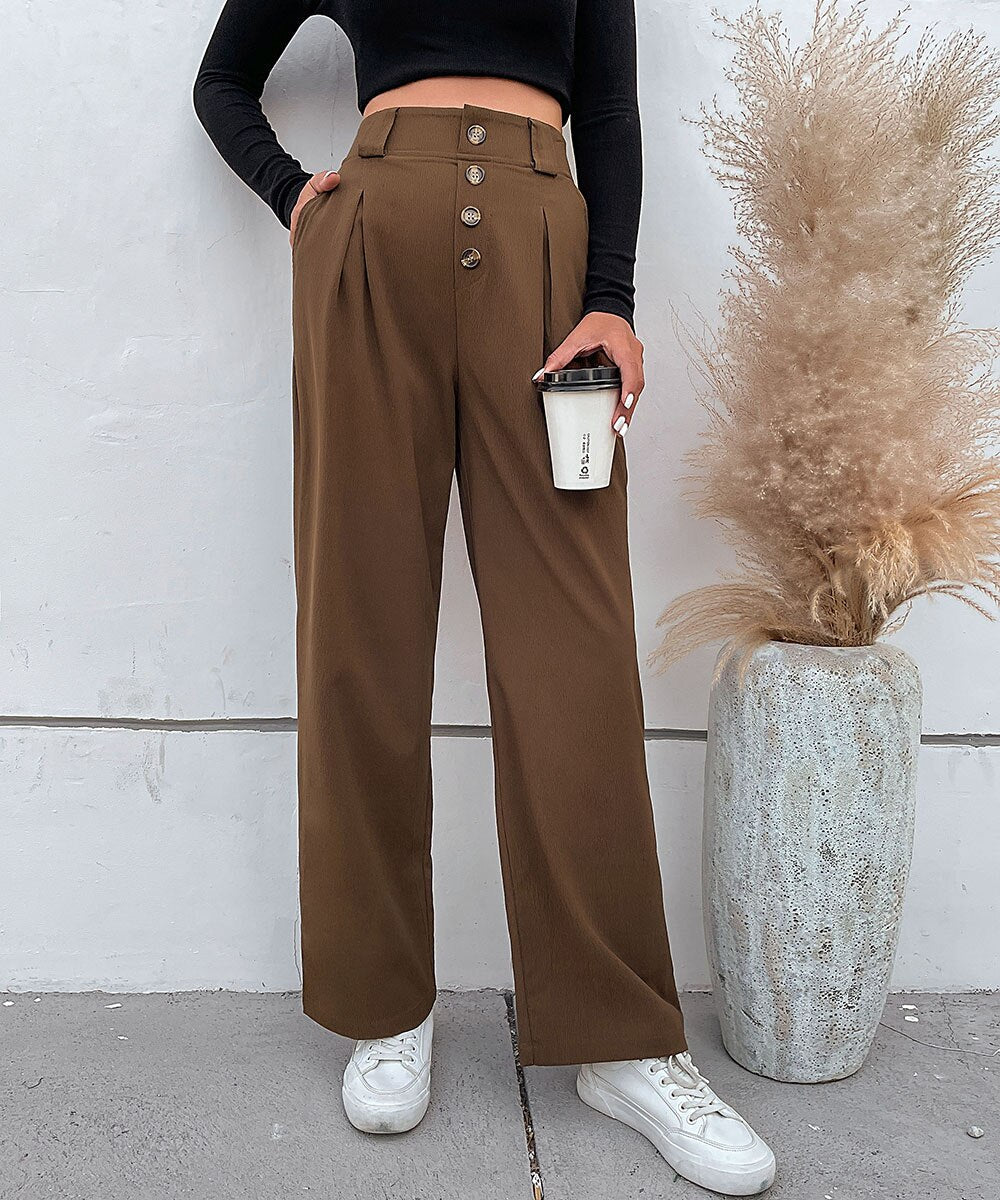 Solid Button Front Casual Women Pants