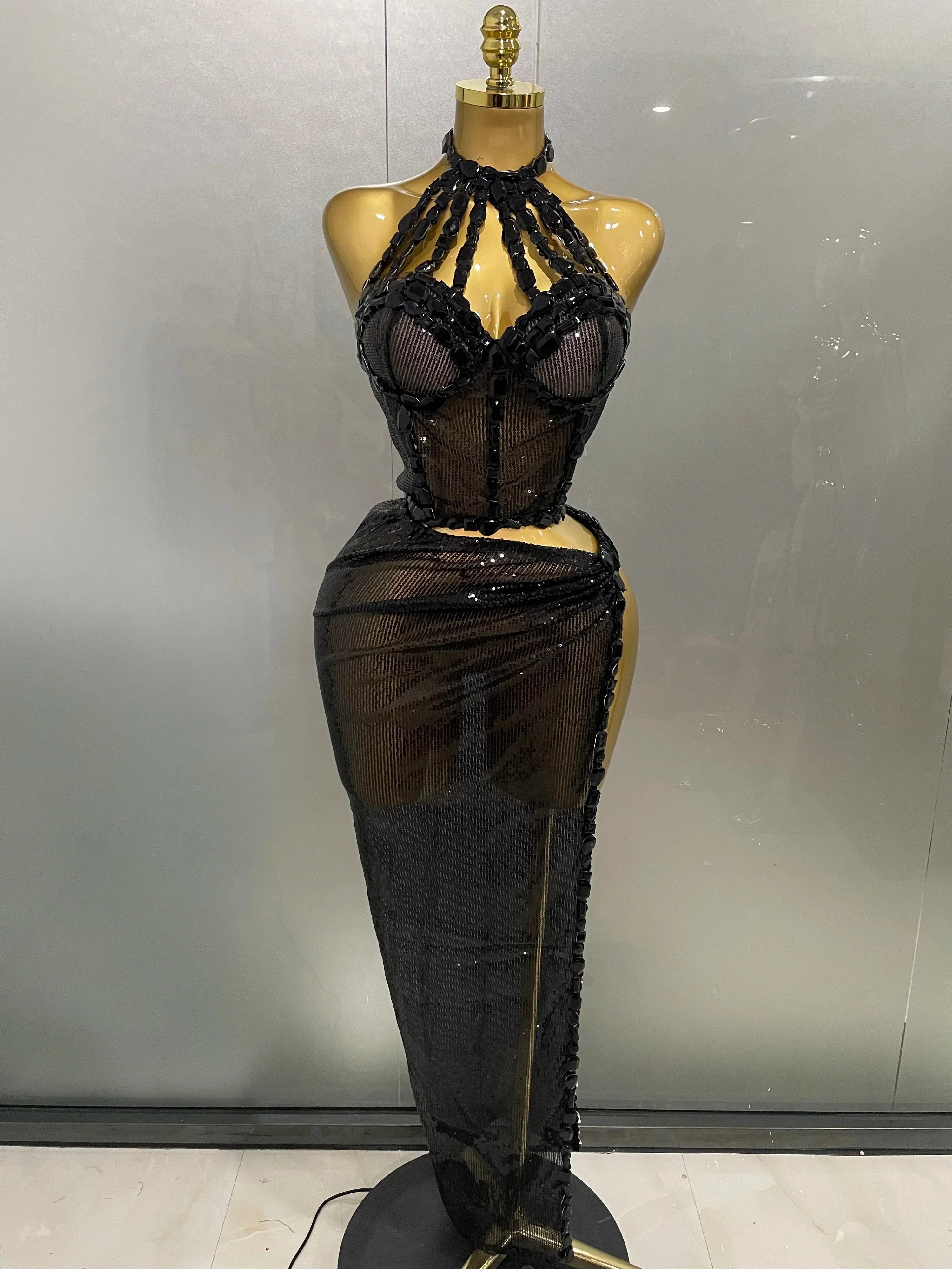 Sexy Luxury Shiny Diamond Sequins Cocktail Dress 2Pcs Set Women Evening Celebrate Birthday Party Nightclub Stage costume black