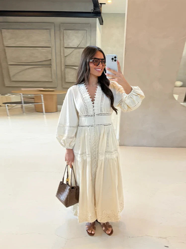 Hollow Lace Vneck Patchwork Maxi Midi Dress