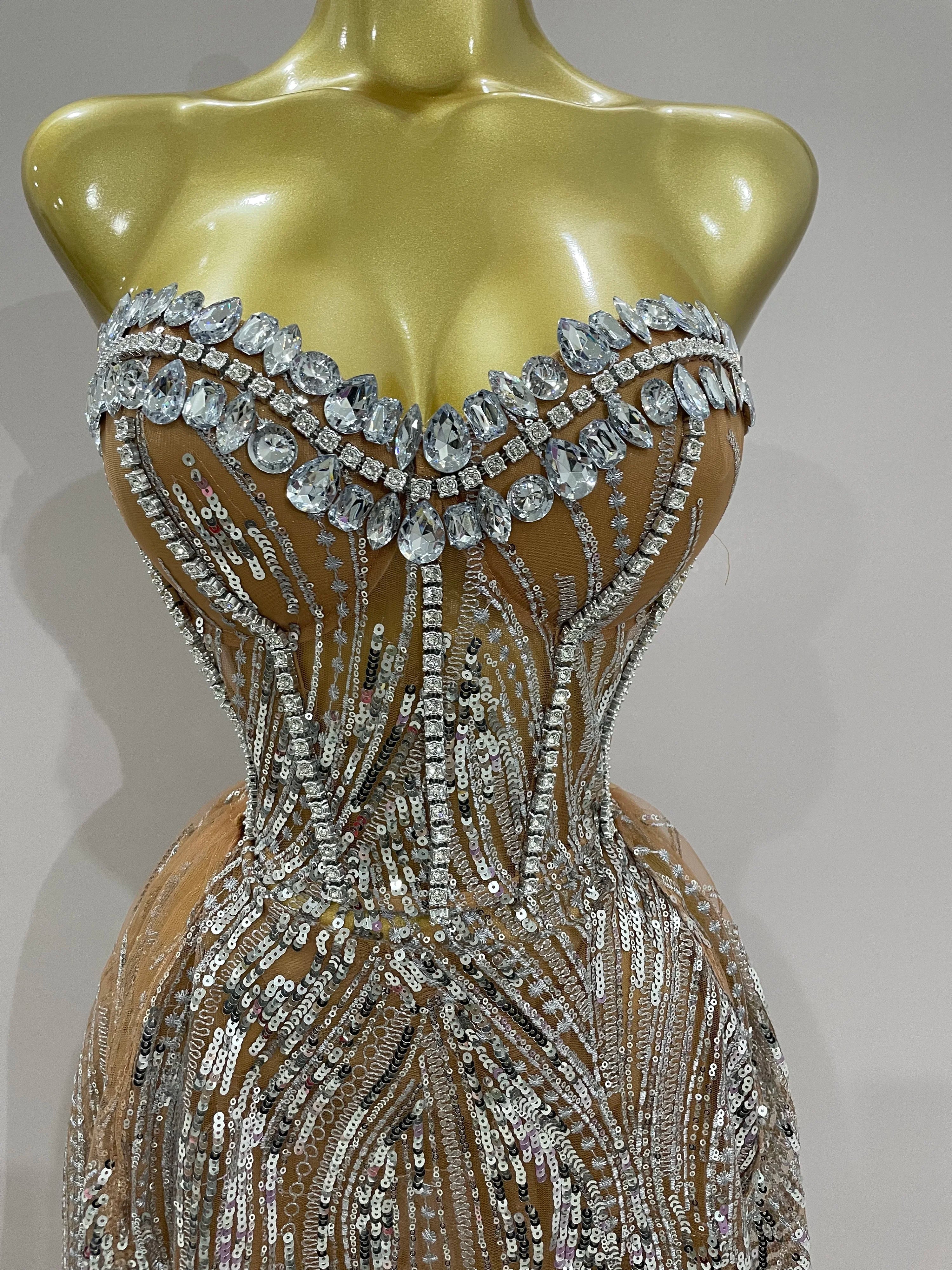 Sparkly Rhinestone Sequins Sexy Strapless See-Through Long Dress Women Evening Birthday Party Dress Nightclub Stage Costume