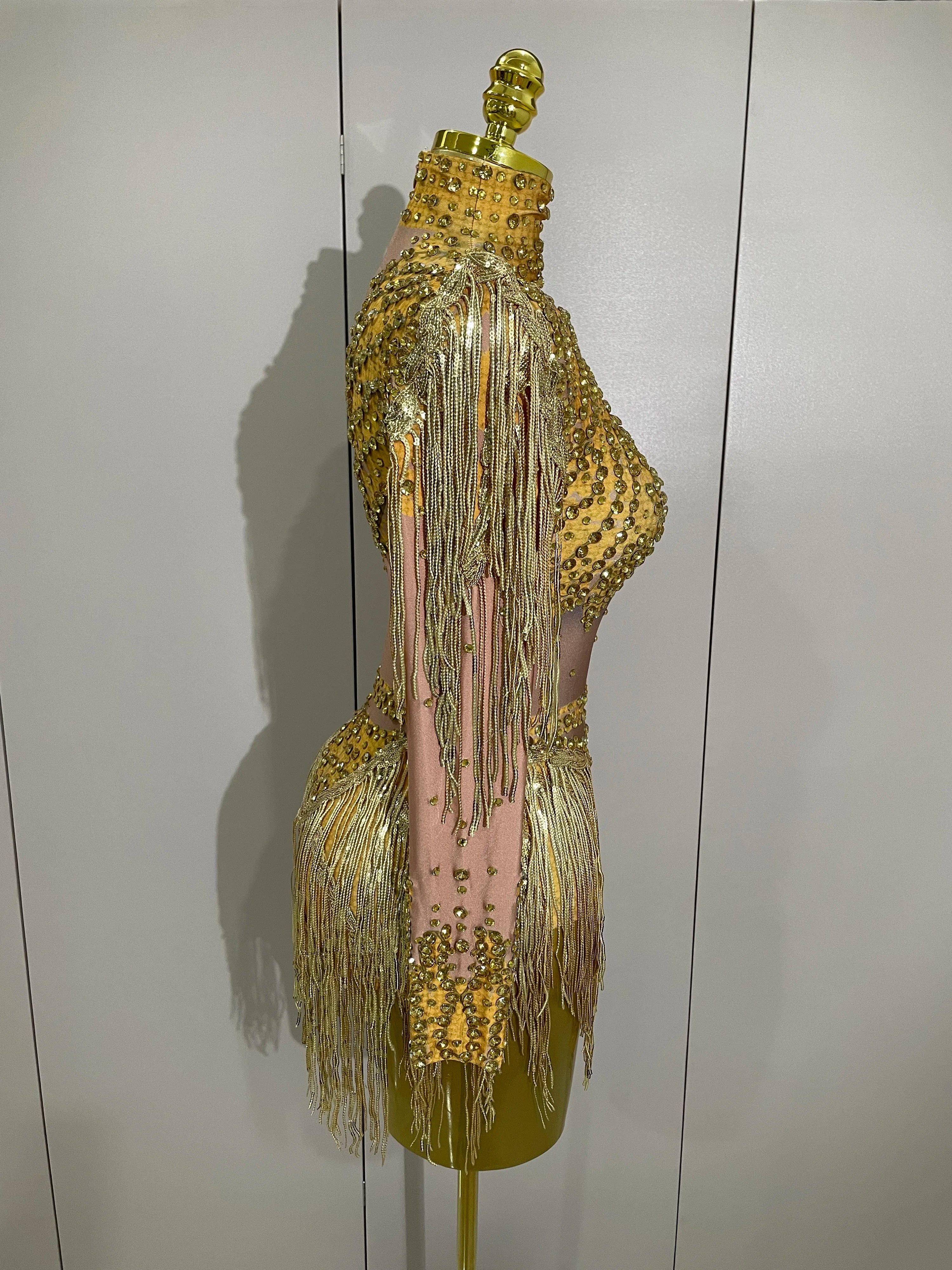 Sparkly Rhinestone Sequin Tassel Stretch Bodysuits Women Birthday Party Nightclub Dj Stage Performance Costume