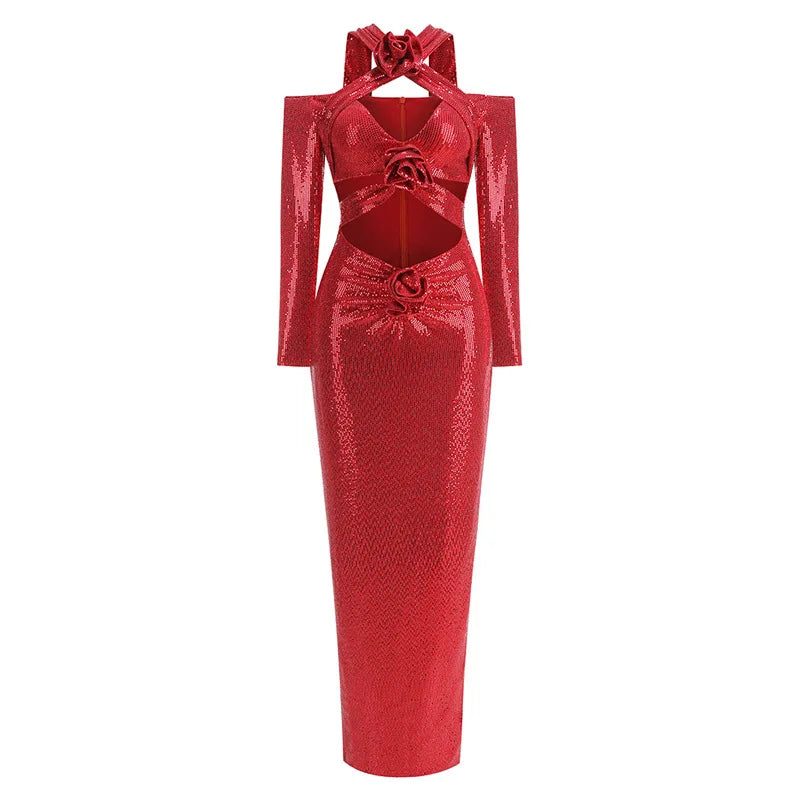 Rosered Color Women Long Sleeve Sexy Keyholes Shinning Sequins Bodycon Long Dress Evening Party Celebrate Cocktail Dress Red