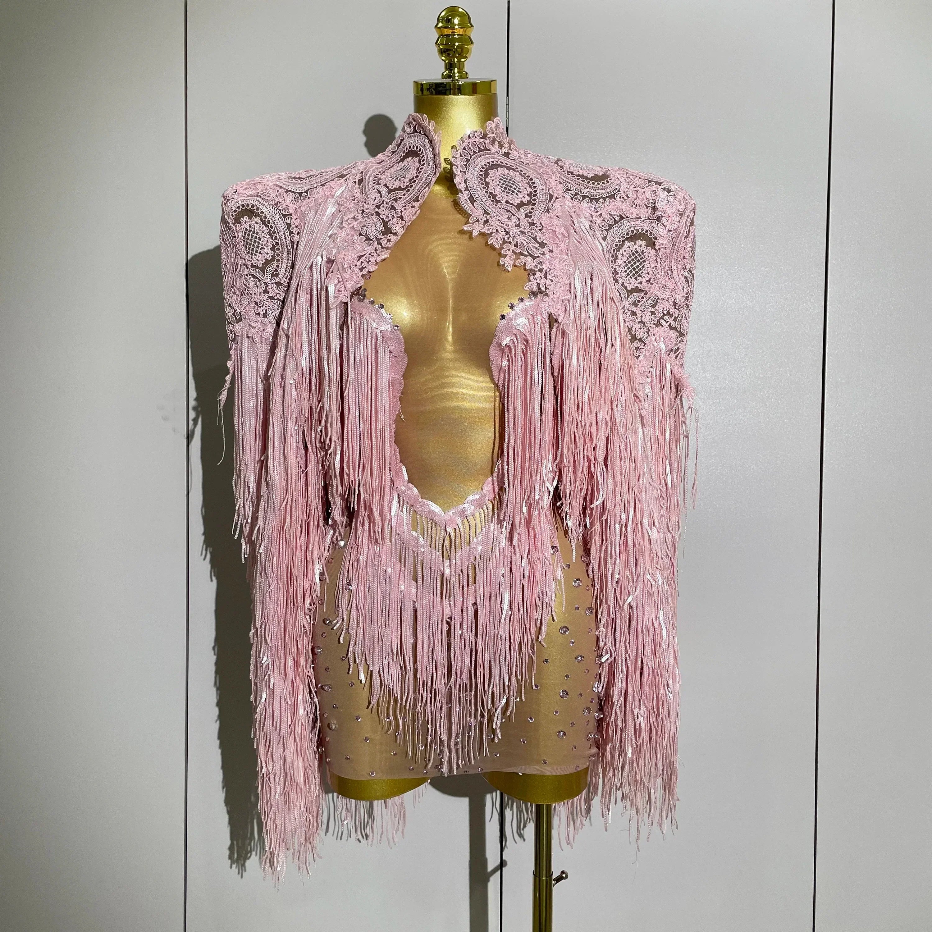 Luxury Sparkly Rhinestone Sequin Tassel Coat Skirt 2Pcs Women Birthday Party Nightclub Stage Performance Costume