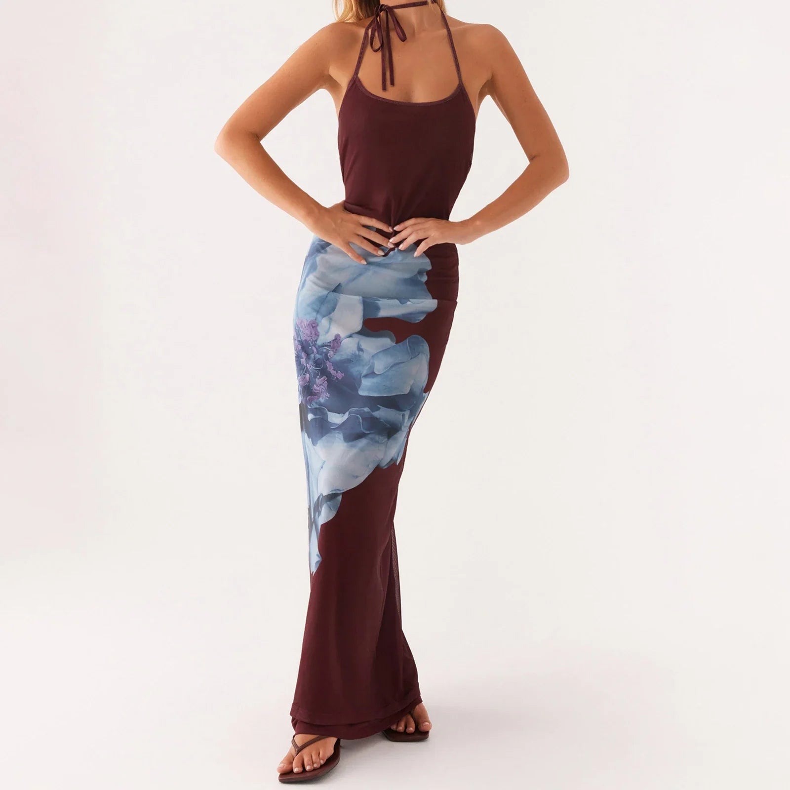 Sleeveless Laceup Open Back Floral Print Slip Dress