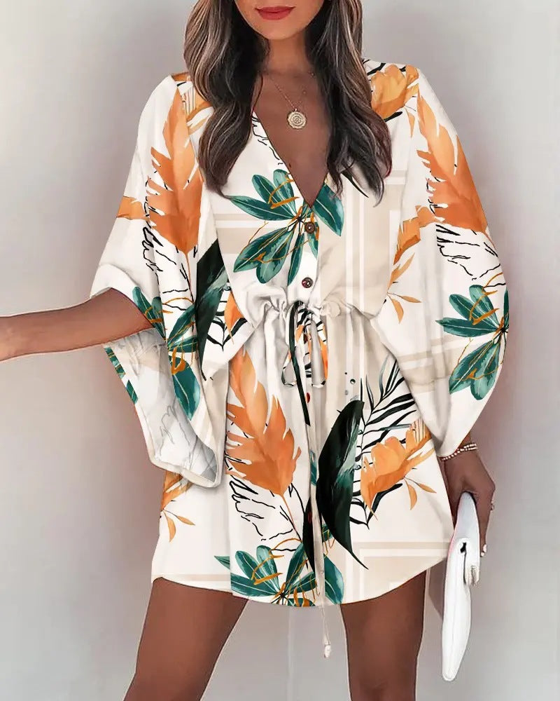 Casual Flora Print Batwing Sleeve LaceUp Dress