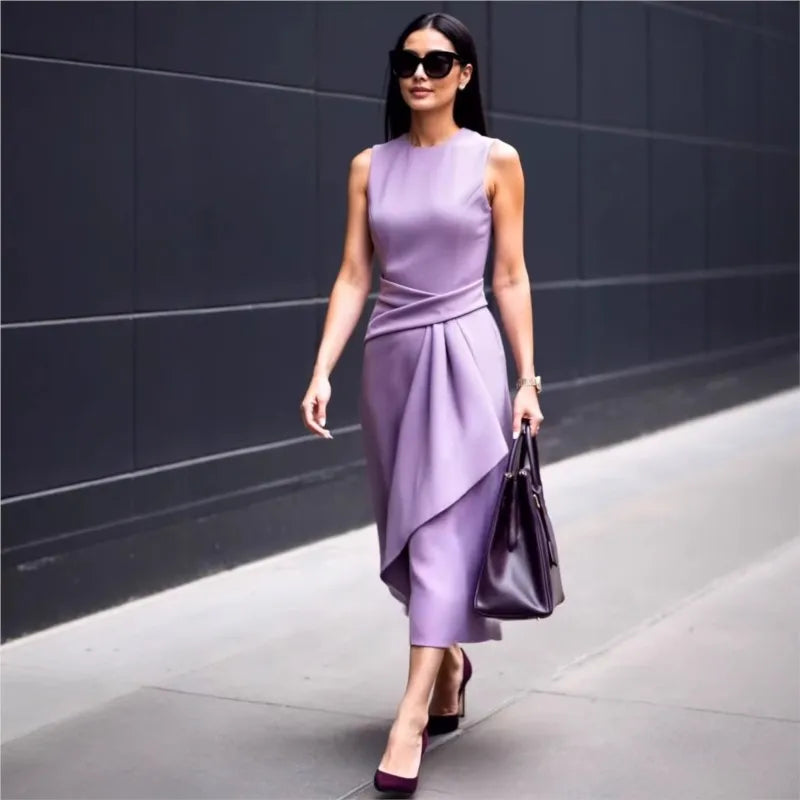 Solid Waisted Sleeveless Asymmetrical Long Work Dress