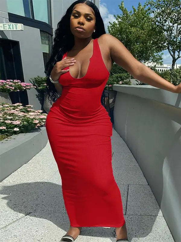 Ribbed Stripe Sleeveless Vneck Midi Dress
