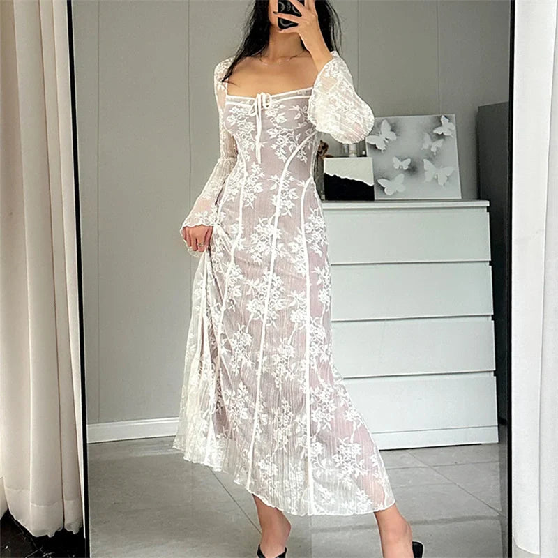 Lace Flared Sleeve ALine Midi Dress