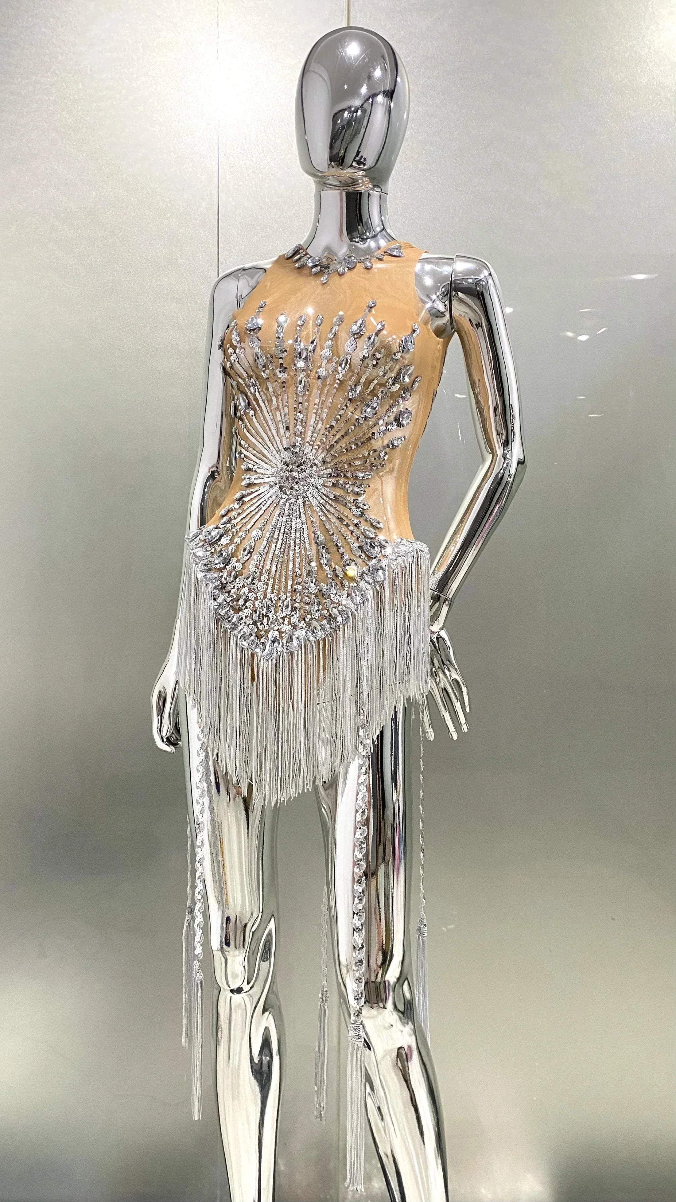Women Sexy Mesh Shinning Sequins Tassel Bodycon Bodysuit Nightclub Party Birthday Performance Costume Stage Wear
