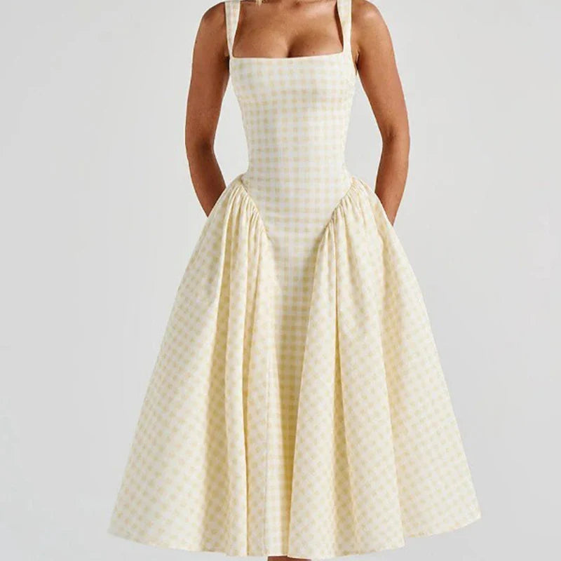 LaceUp Plaid Sling ALine Midi Dress