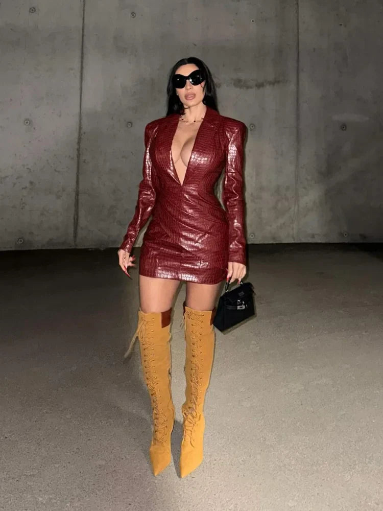 Women Sexy Deep V Red Lattice Leather Mini Dress Fashion Long Sleeve High Waist Fold Slim Dresses Lady Highstreet Short Robe