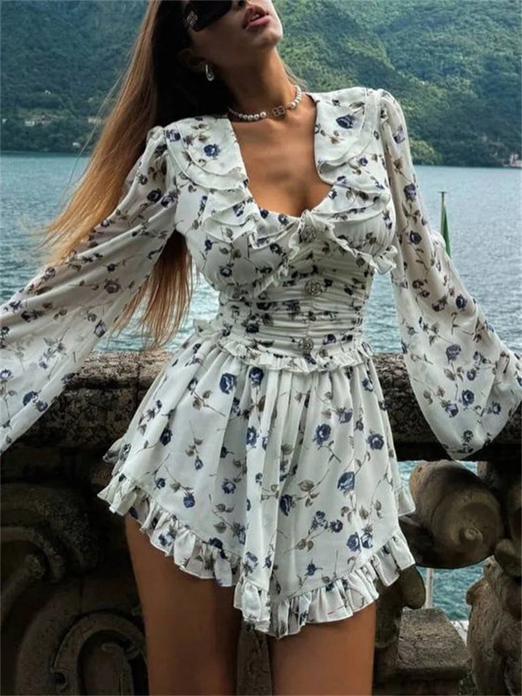 TAVIMART Ruffled V Neck Printed Mini Dress Female Bandage Autumn Fashion Lace Up Contrast Drawstring Dress For Women Party Dress