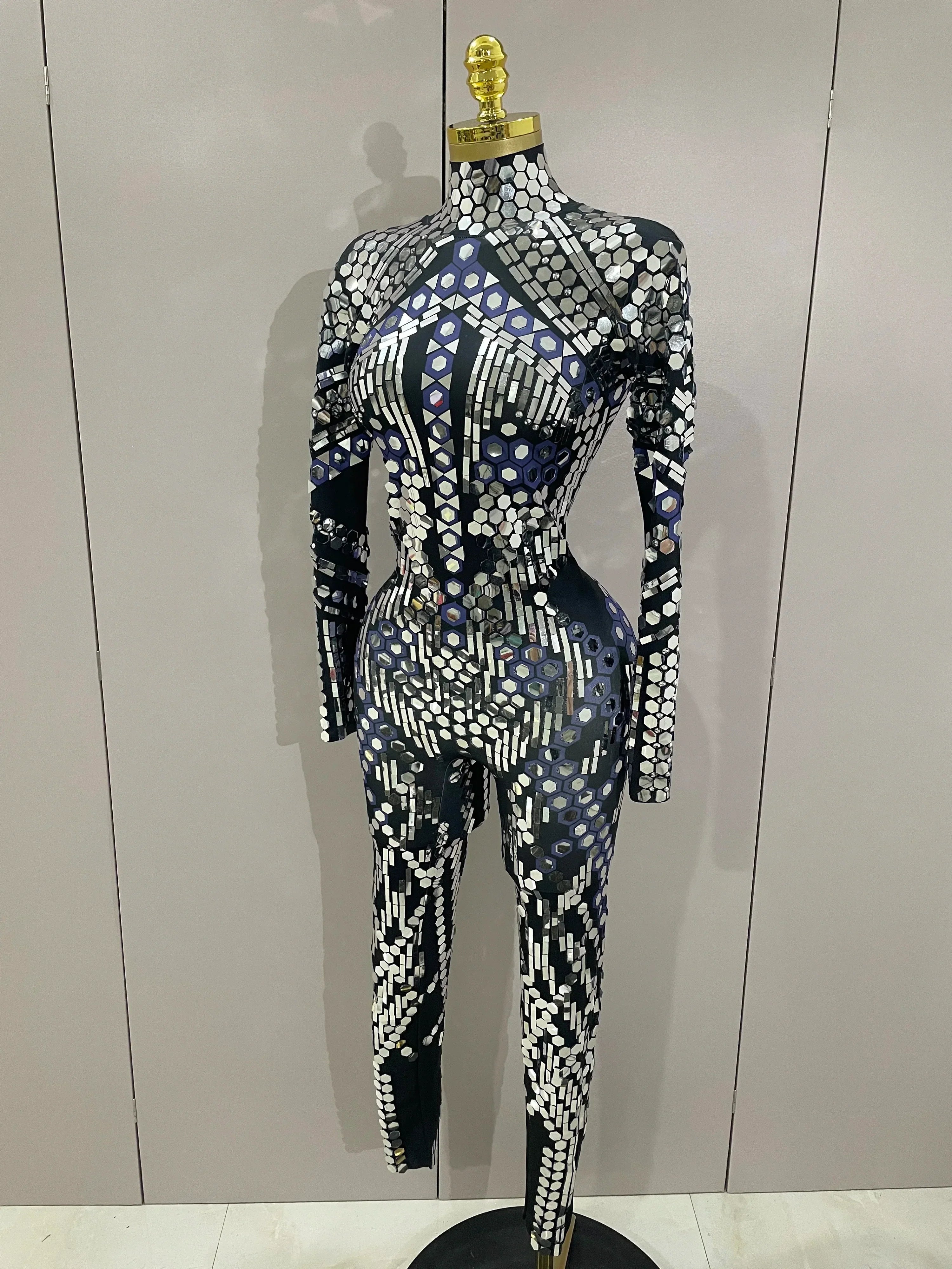 Sexy Shiny Silver Sequins Mirror Black Spandex Jumpsuit Women Prom Dancer Singer Costume Evening Birthday Show Stage Outfit