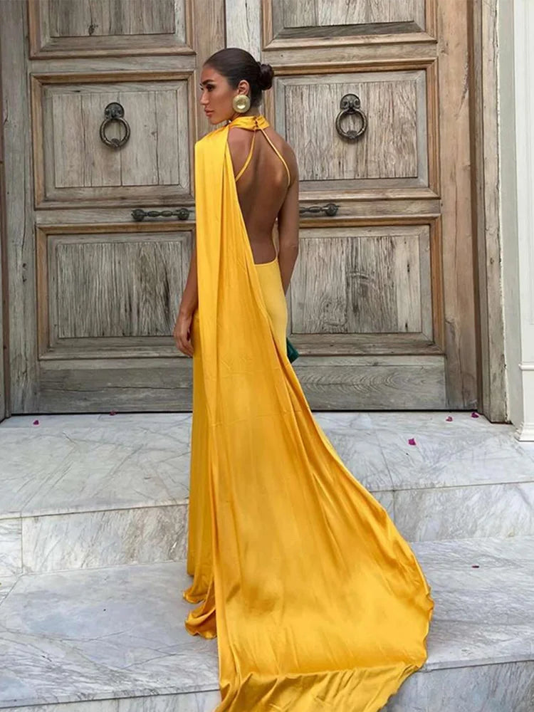 Solid Ribbon Halter Off Shoulder Silk Dress