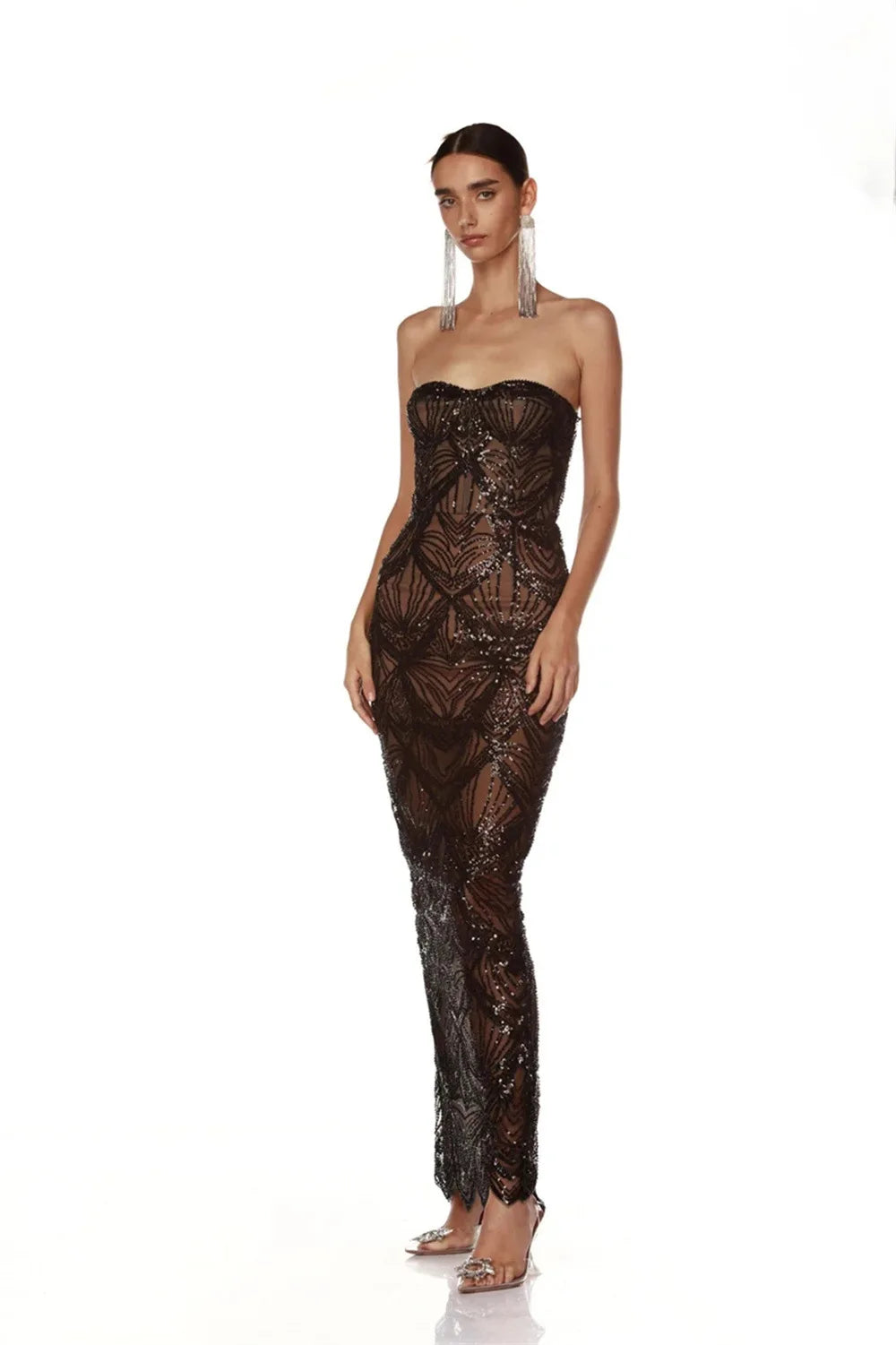 Shining Black Sequins Sexy Mesh See Through Straplerss Ankle Length Dress Woman Birthday Party Dress Celebrity Party Vestido