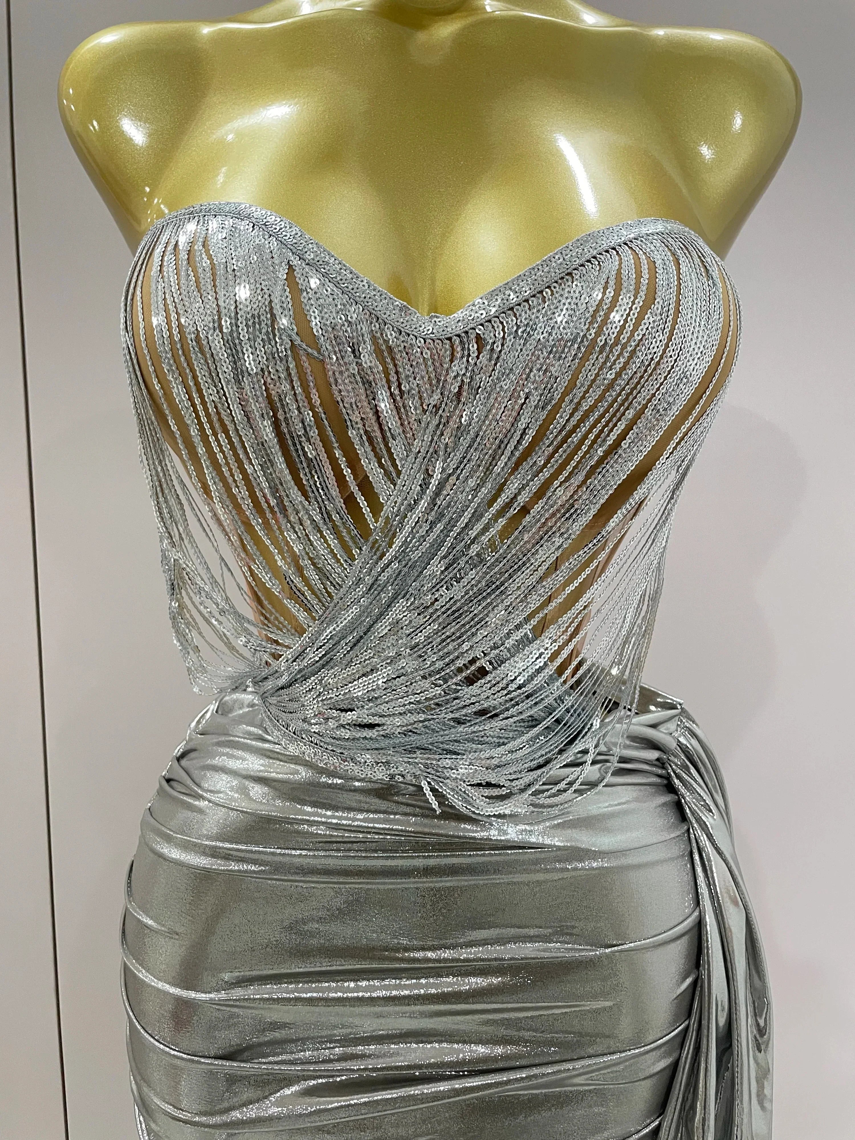 Sexy Strapless Sequin Top Short Skirt 2 pcs Set Women Party Celebrate Nightclub Singer Performance Stage Outfit