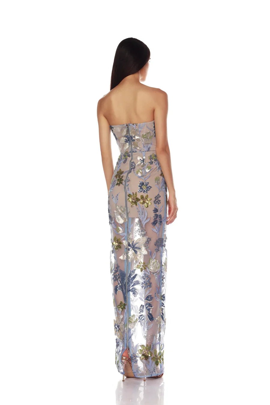 Sequin Flower Embroidery Sexy Mesh See Through Strapless Ankle Length Dress Woman Evening Party Dress Celebrity Cocktail Vestido