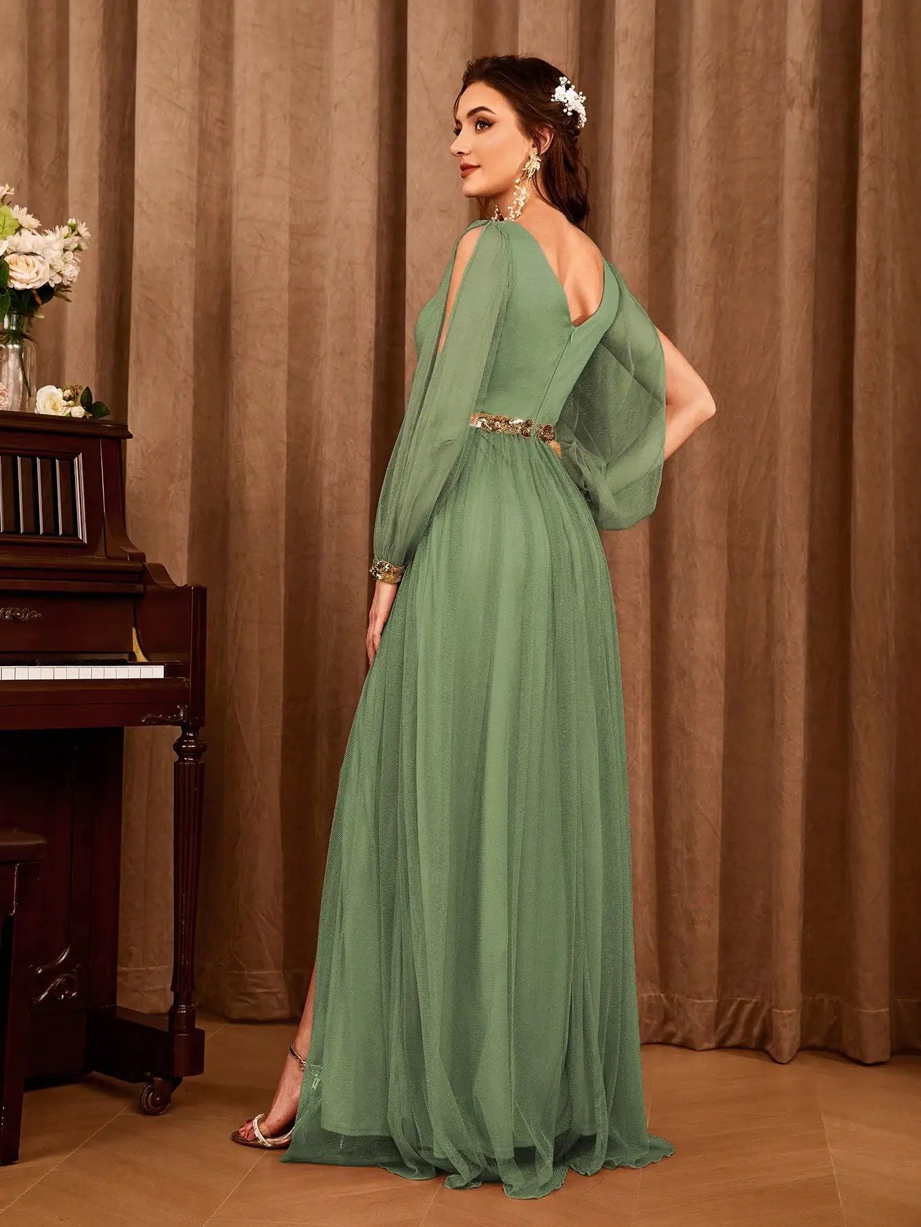 Gauze Applique Slit Vneck Maxi Dress
