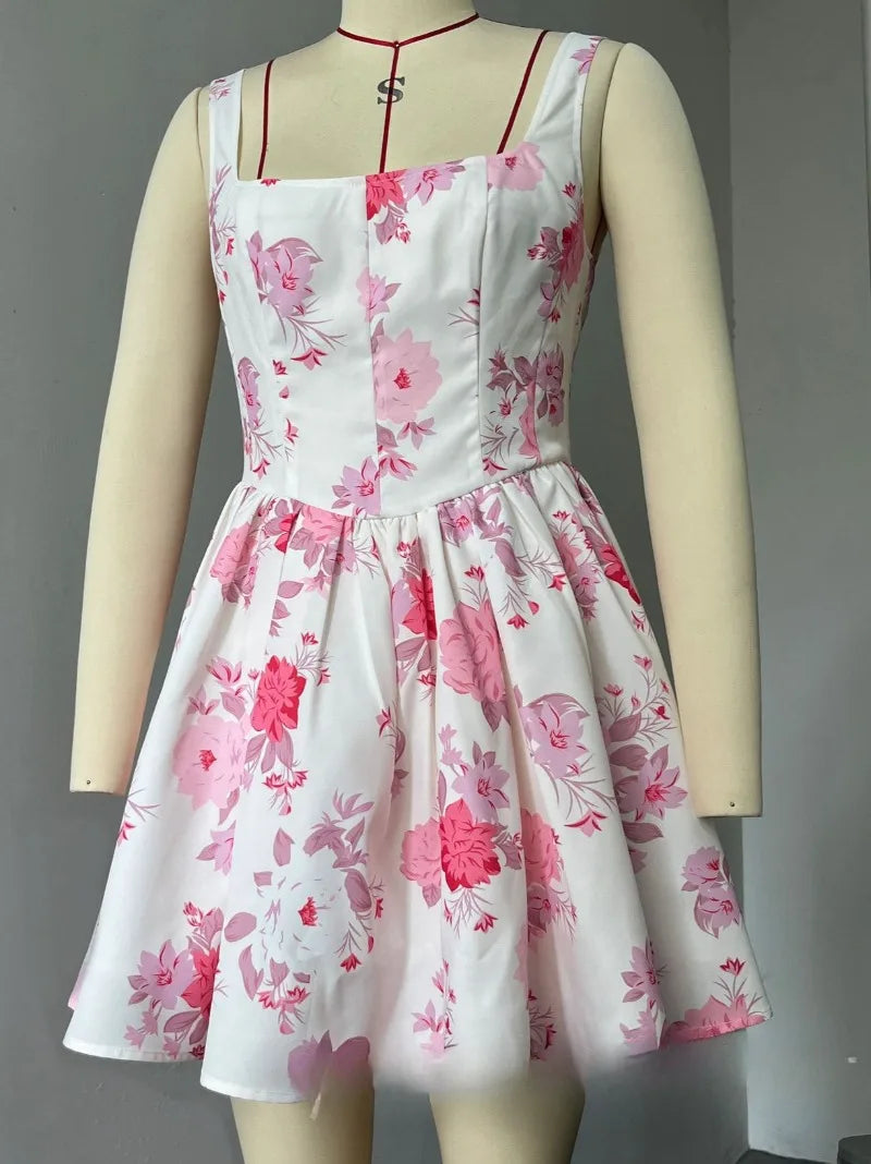 Woman Clothing Sexy Slash Neck Floral Printed Birthday Party Dress Sleeveless High Waist A line White Short Holiday Dresses 2024