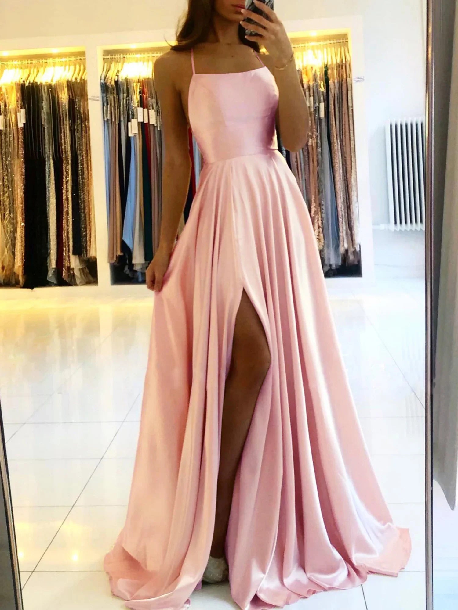 Blue Satin Spaghetti ALine Prom Dress