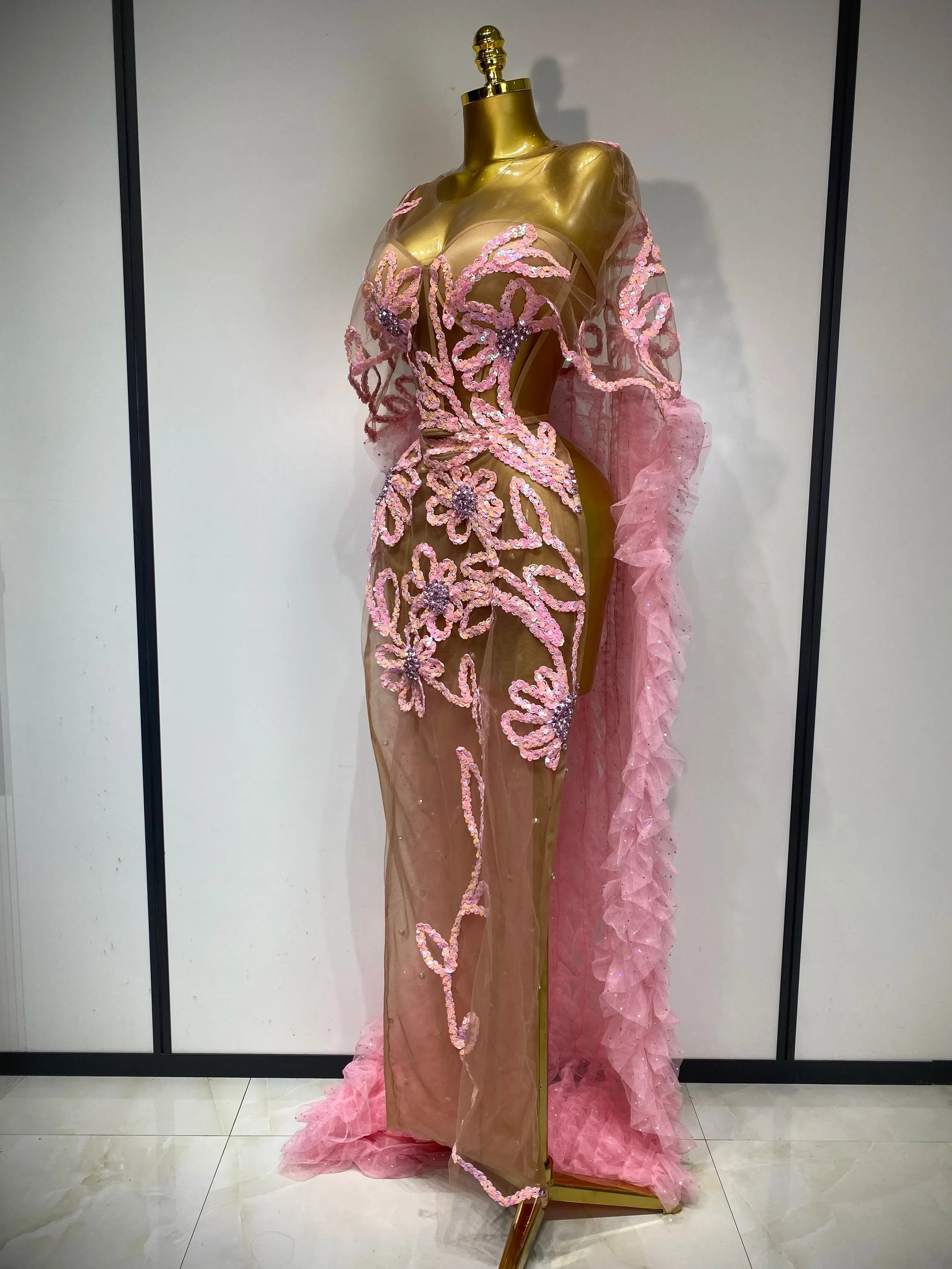Women Sexy Mesh See Through Sequins Pink Maxi Long Dress Sparkly Sequin Evening Party Costume Stage Performance Birthday Dress