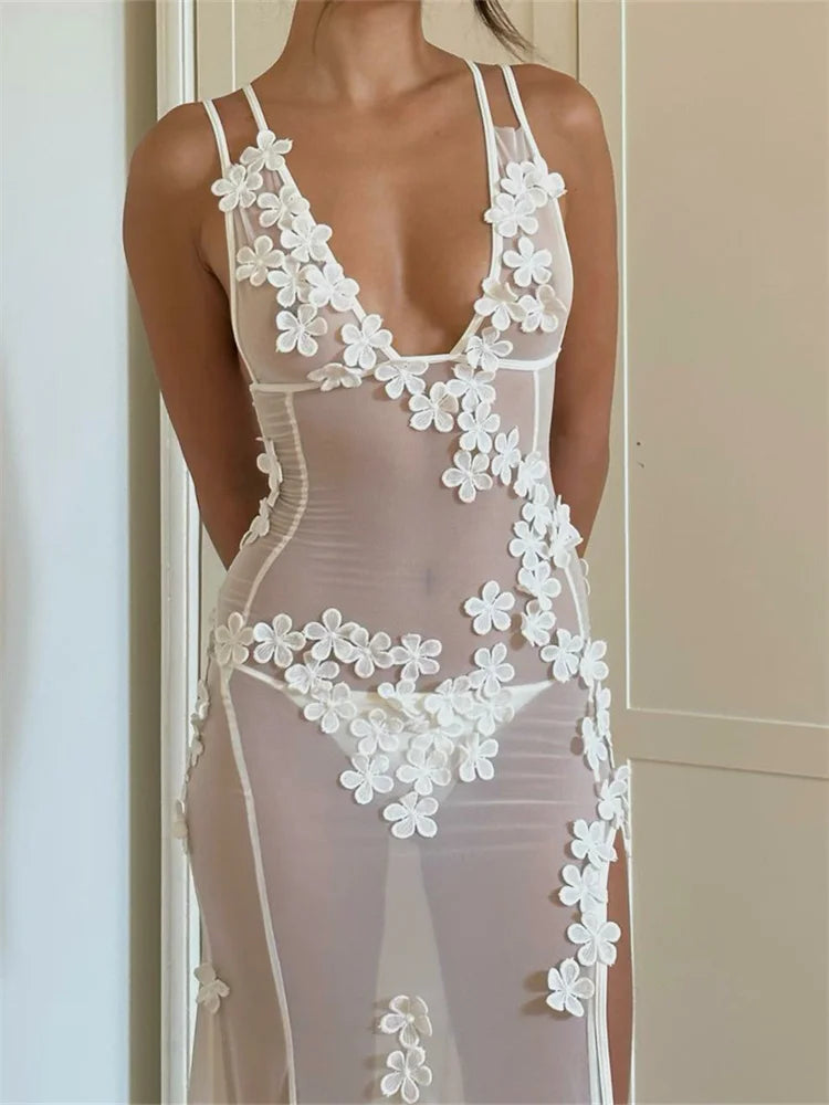 Mesh Strap Split Backless Floral Dress