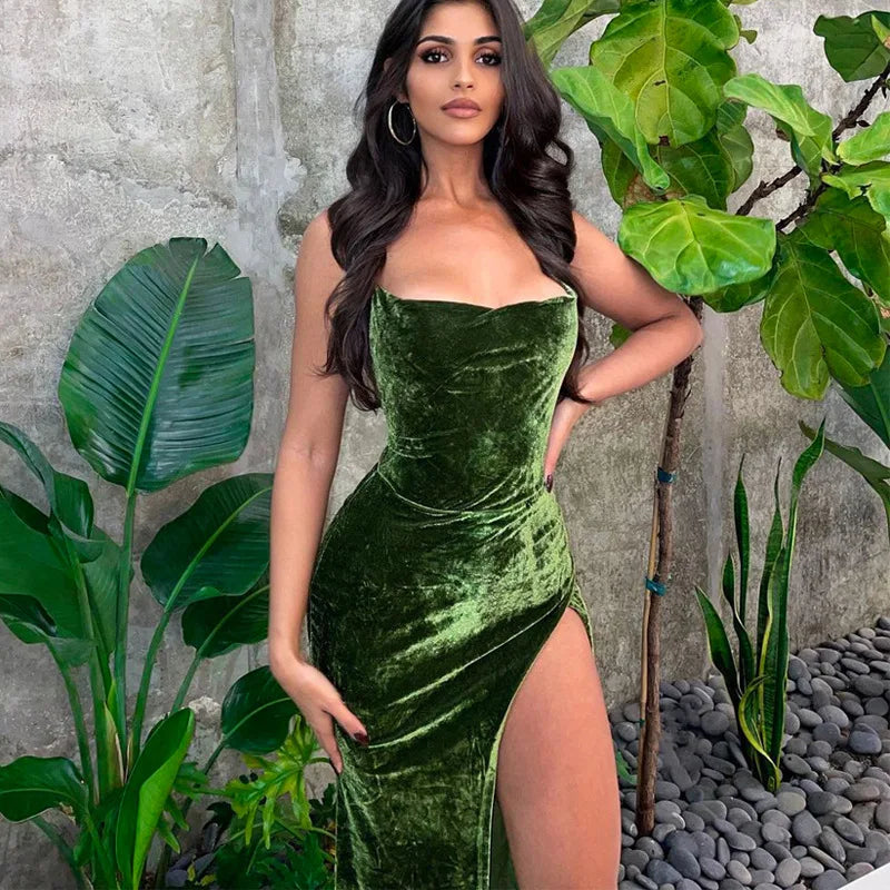 Green Velvet Strap Side Slit Backless Slip Dress