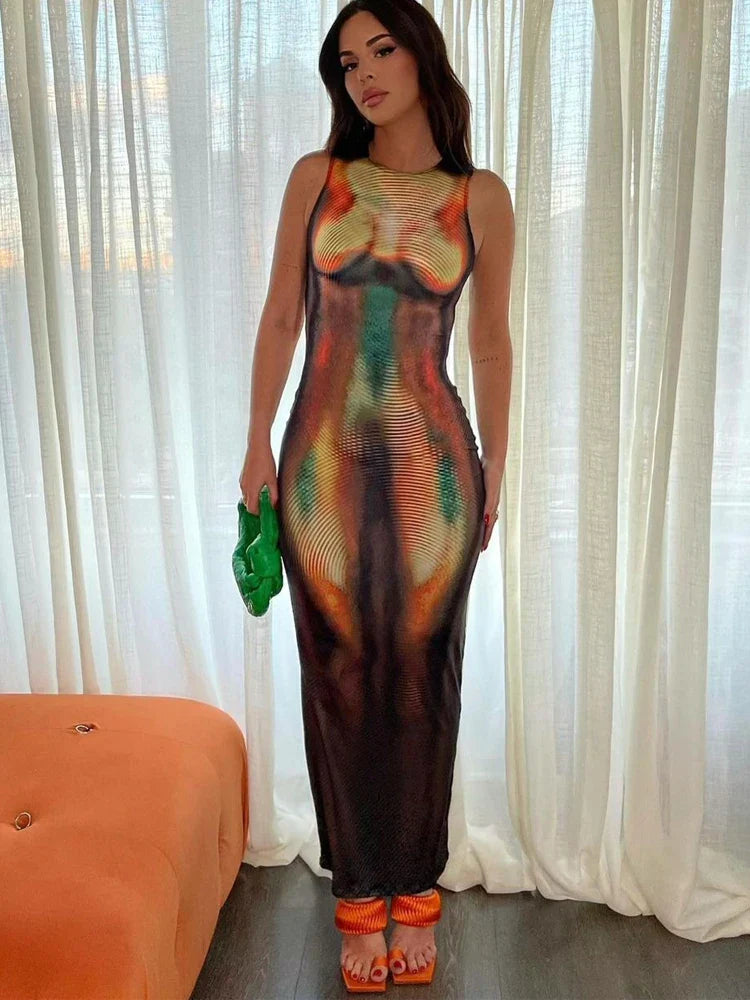 Multicolor Print Sleeveless Maxi Dress