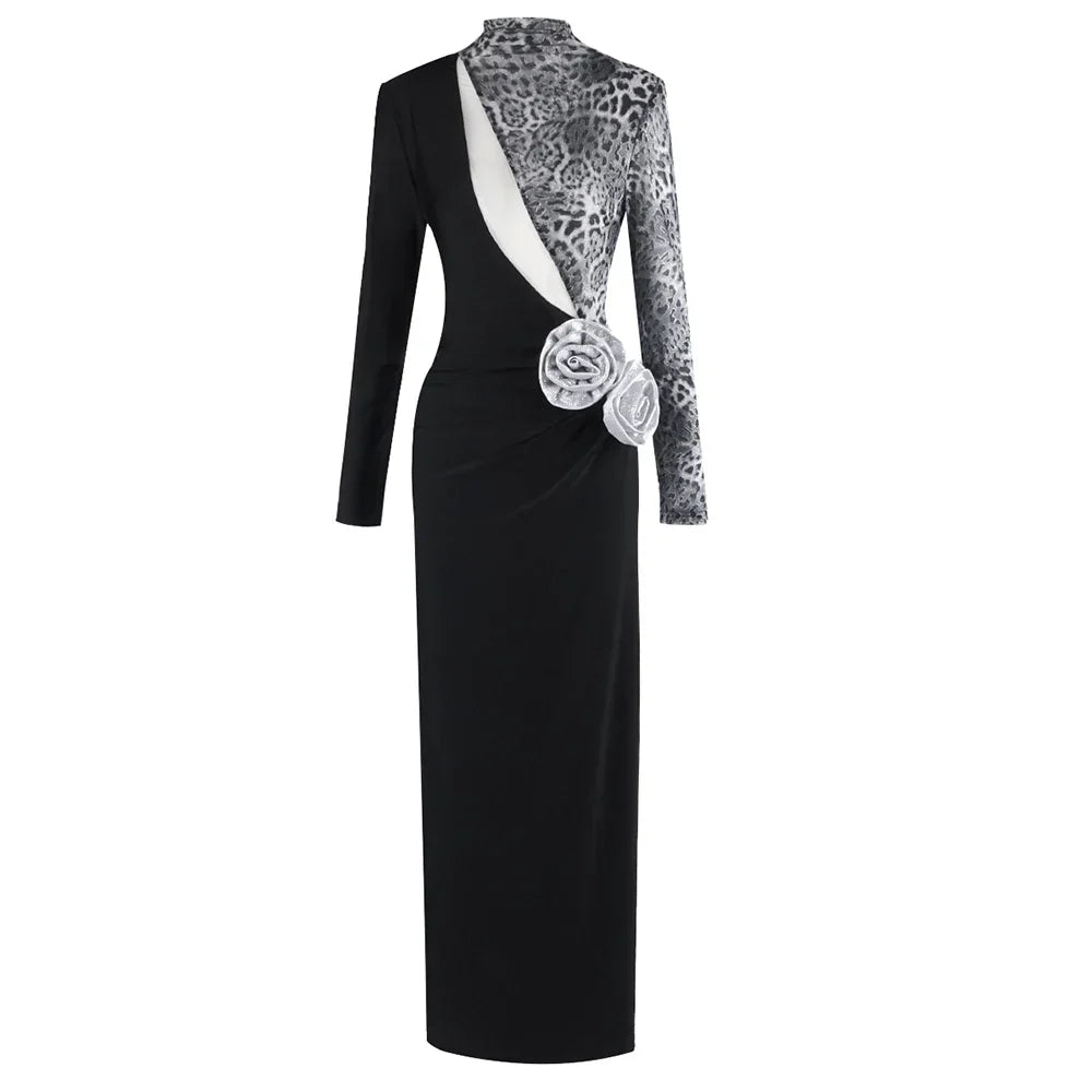 Women Long Sleeve Shinning Sequins Florals Bodycon Long Dress Keyhole Celebrate Evening Party Prom Outfit black