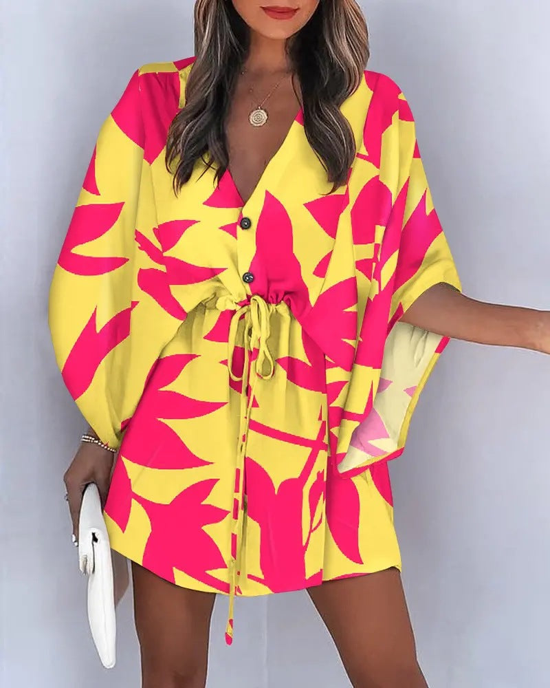 Casual Flora Print Batwing Sleeve LaceUp Dress