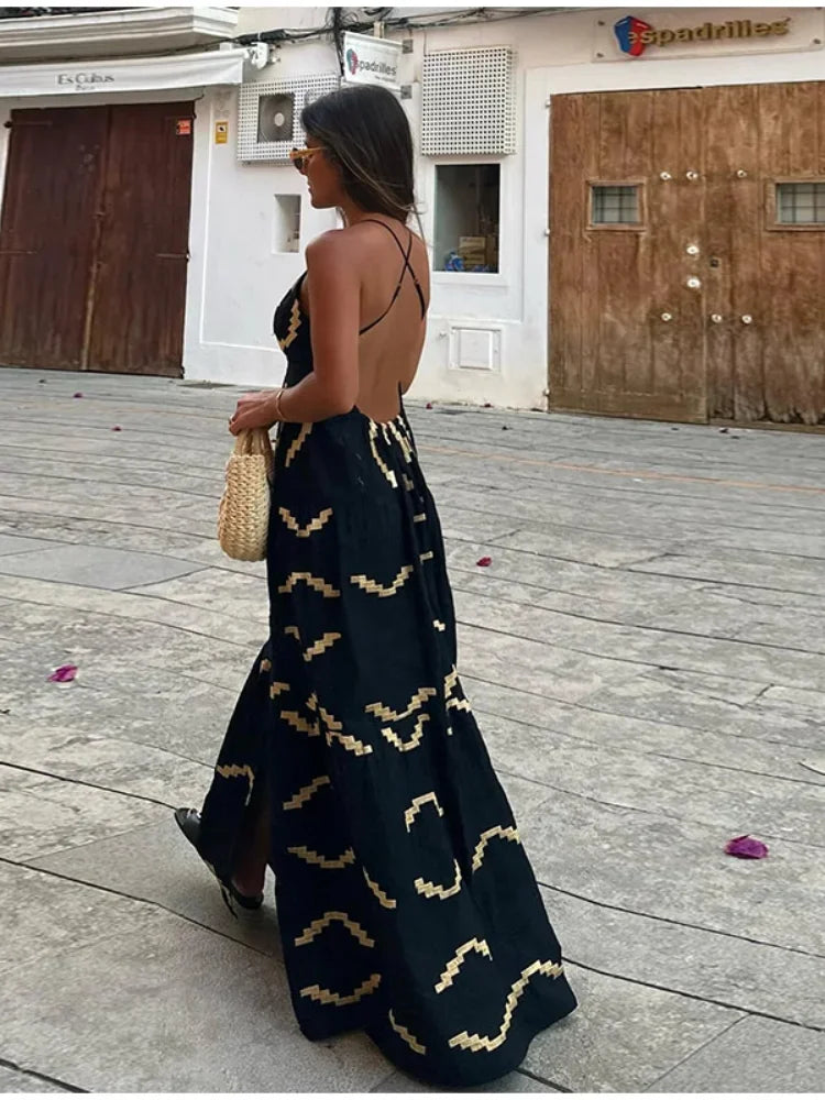 Sexy Backless Women Print Halter Maxi Dress Fashion Deep V neck High Waist Split Dresses Summer Lady Loose High Street Robe