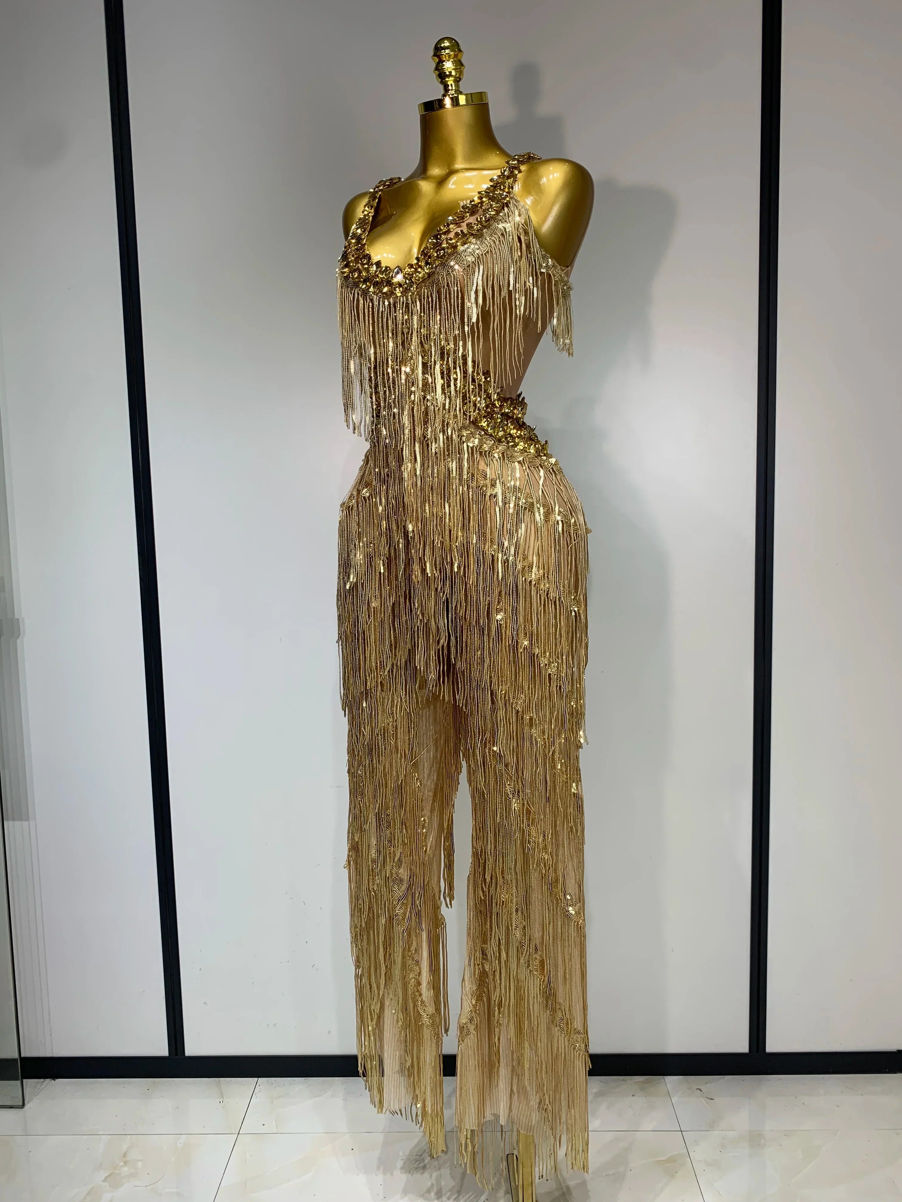 Women Sparkly Glod Rhinestones Sequined Fringe jumpsuit Sexy Nightclub Party Birthday Outfit Show Singer Stage Perform Costume