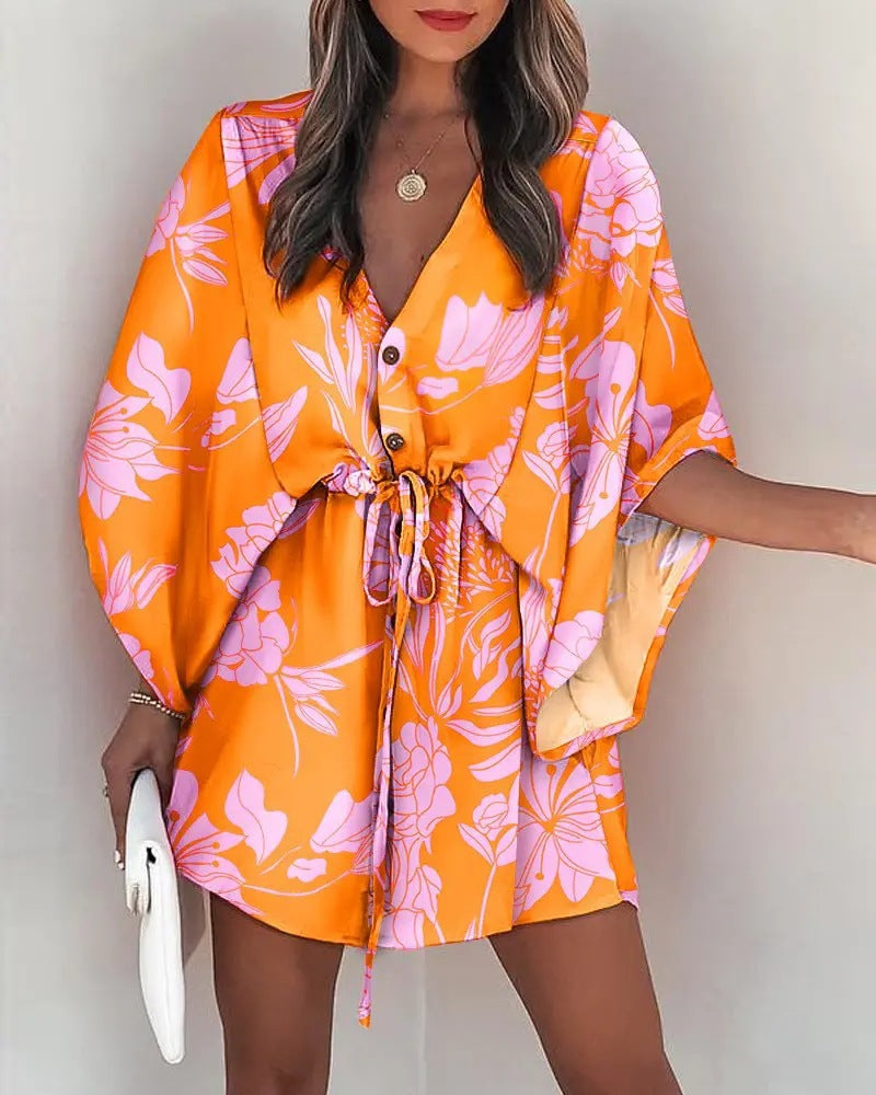 Casual Flora Print Batwing Sleeve LaceUp Dress