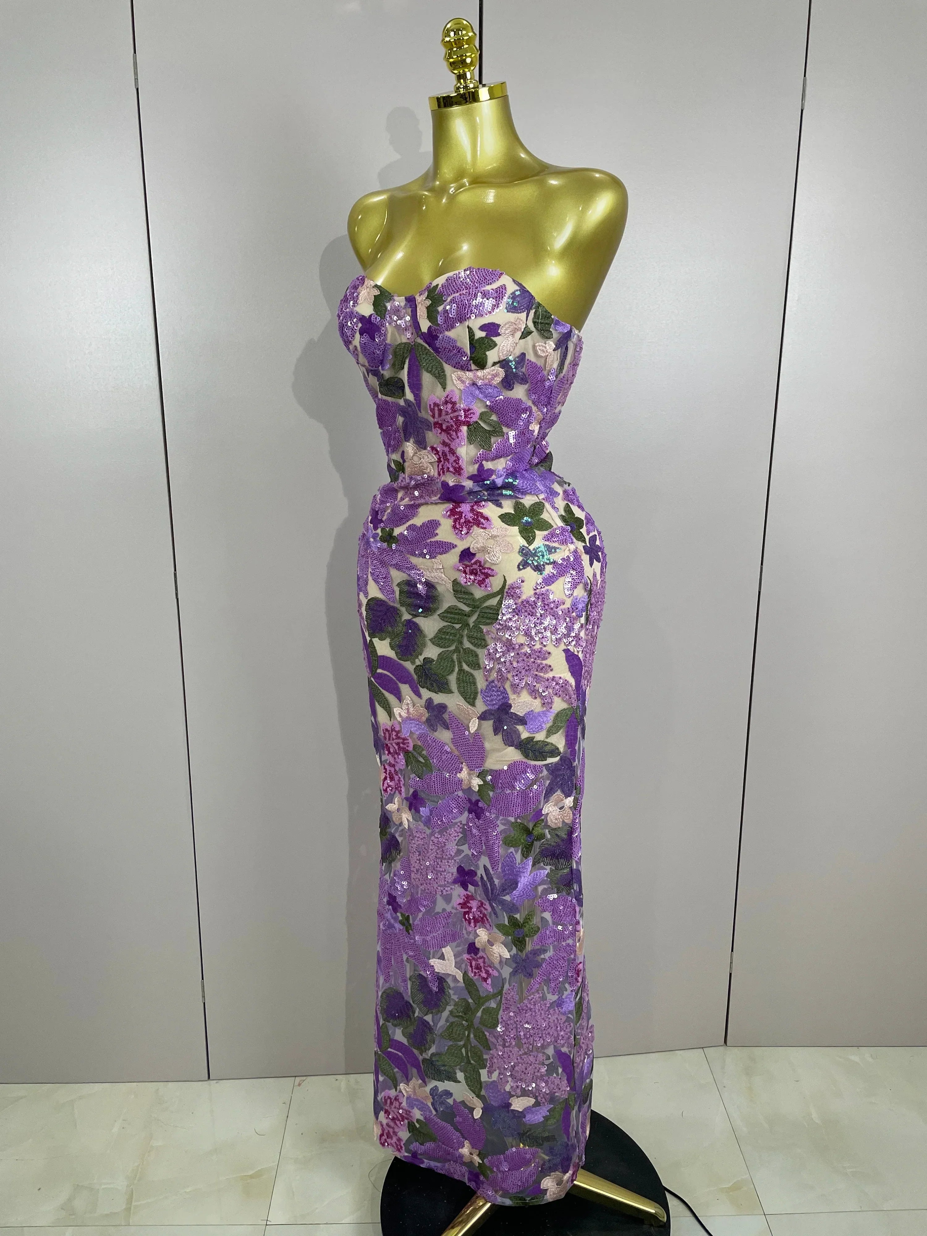 Sexy Strapless Floral Sequin Long Dress Women Sequins Flower Backless Long Slim Dress Evening Party Runway Gown Dress